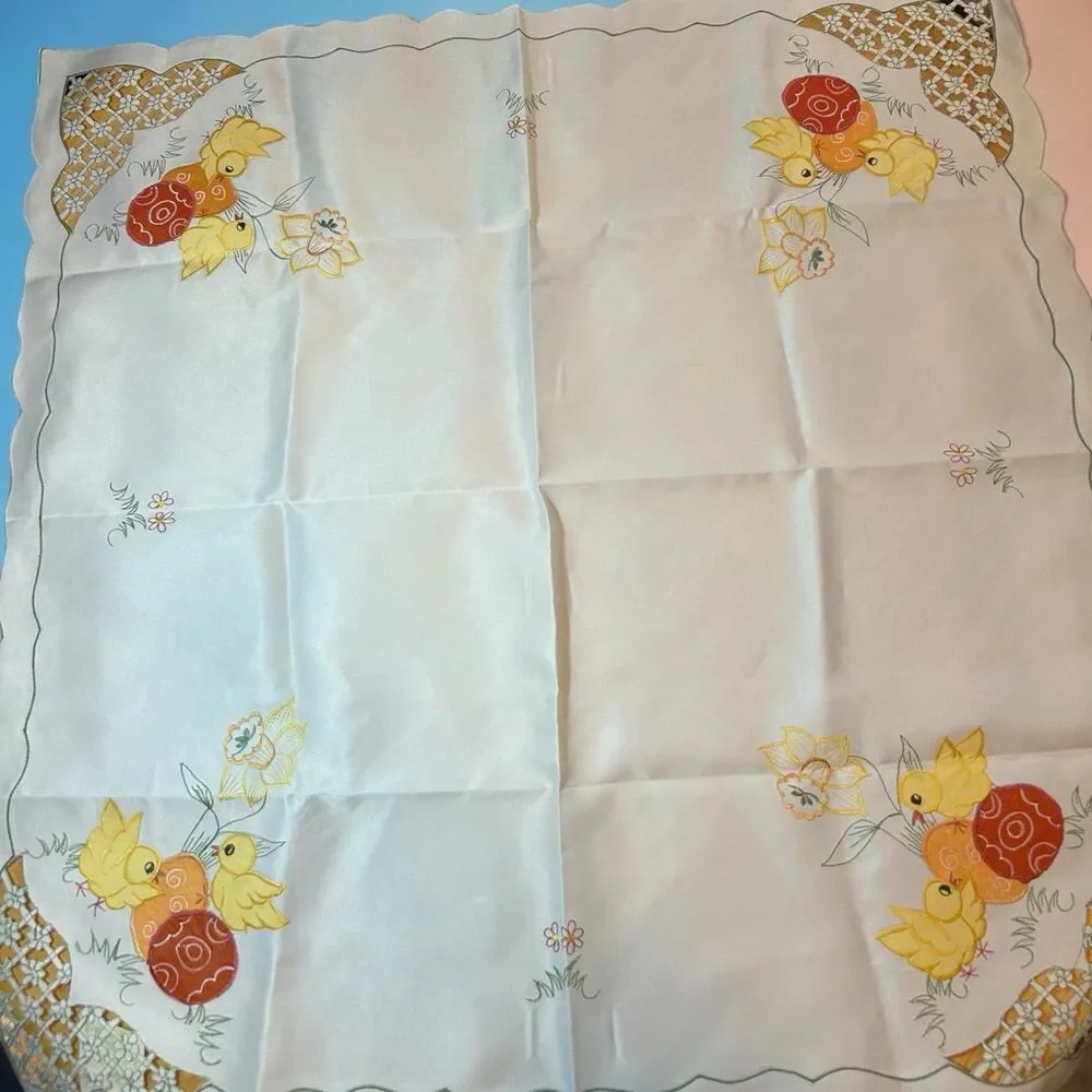 Easter Tablecloth 85x85cm Chick Egg Embroidery Lace Cutwork NWT Spring Cottage